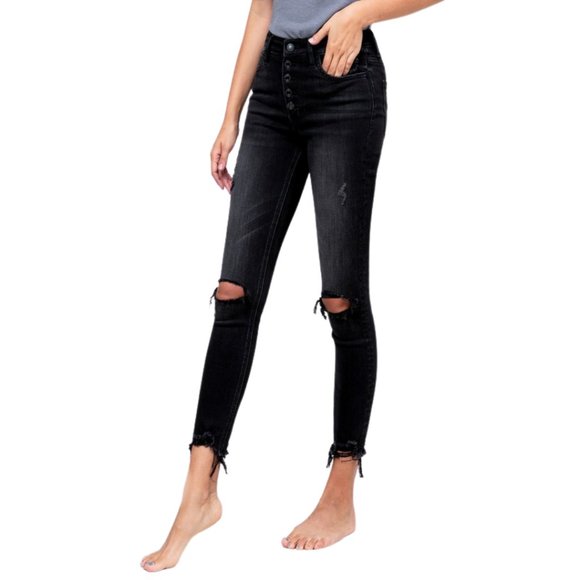 Black High Rise Button Fly Distressed Jeans - Picture 1 of 3